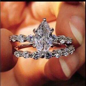 💍Sterling Silver Marquis & Round Cut Zircon 2Piece Bridal Ring Set